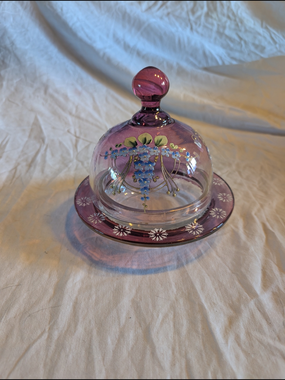 2/70$ Vintage Purple Glass Butter Dish with Hand-Painted Floral Motif